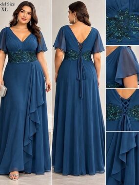Ever-Pretty Shimmery V Neck Ruffle Sleeves Sequin Maxi Long Dress Sequin Maxi